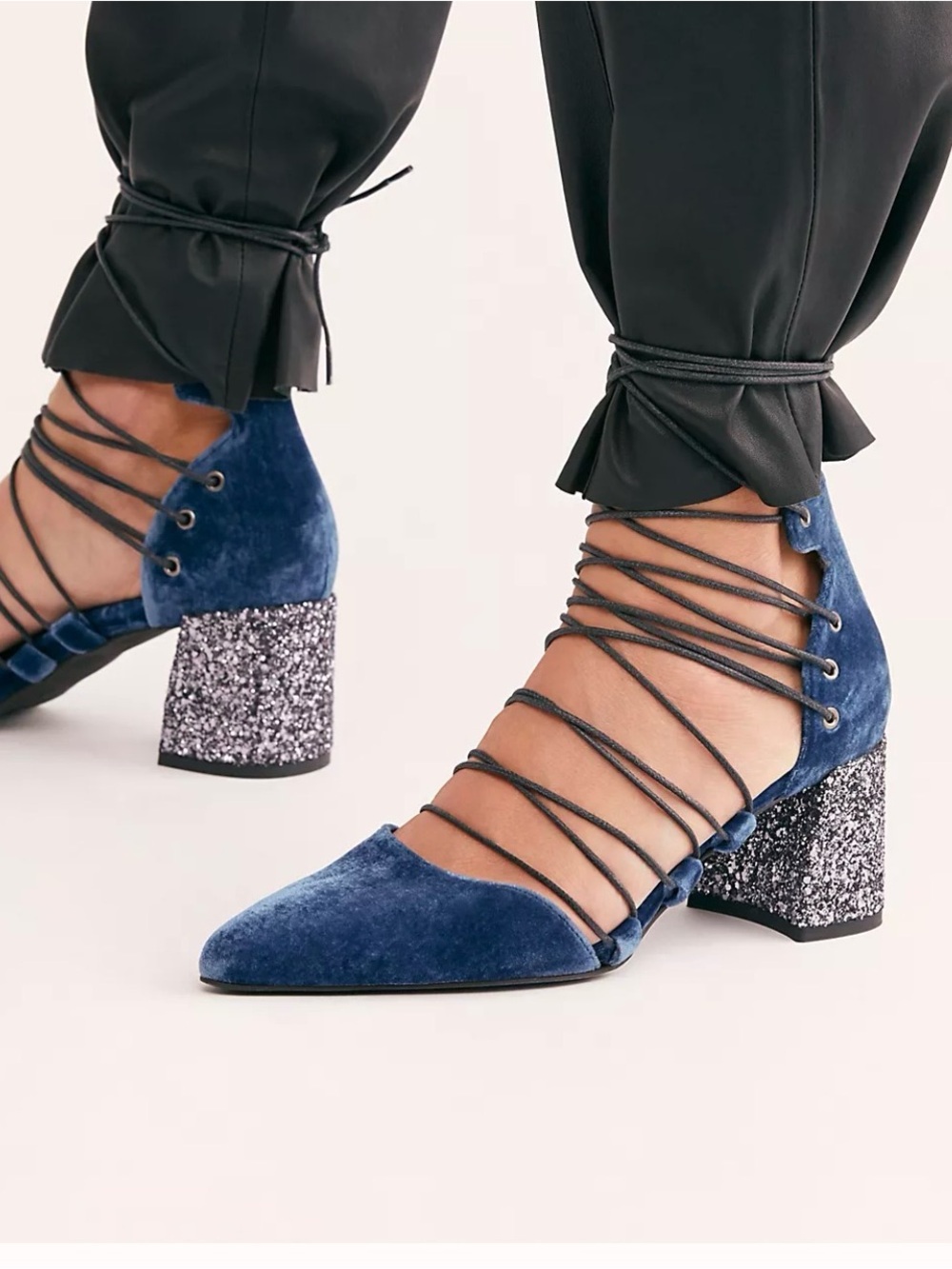 Blue velvet chunk heels